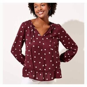 Loft Burgundy Plum & Pink Polka Dot Tie Neck Ruffle Hem Long Sleeve Blouse XXS